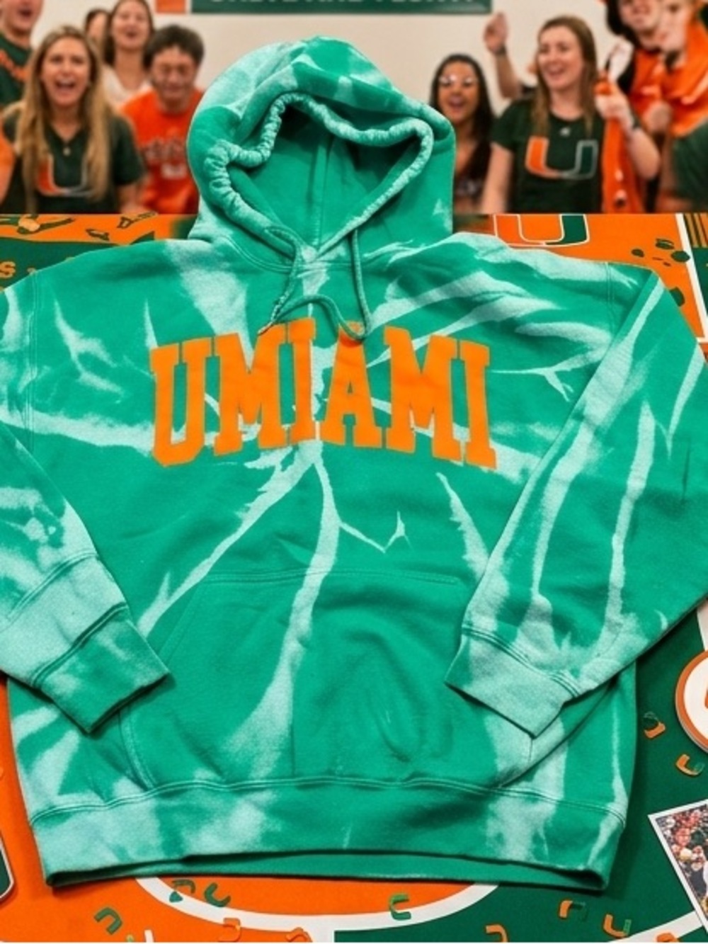 Green Tie-Dye Hoodie with Orange 'UMIAMI' Lettering women’s size large